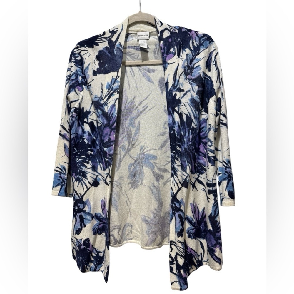 Chico’s Blue Purple Floral Open Front Cardigan Size 1 Small Travel Lightweight